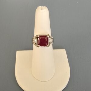 .925 Sterling Silver Genuine Ruby And Diamond Baguette Ring. Size 7